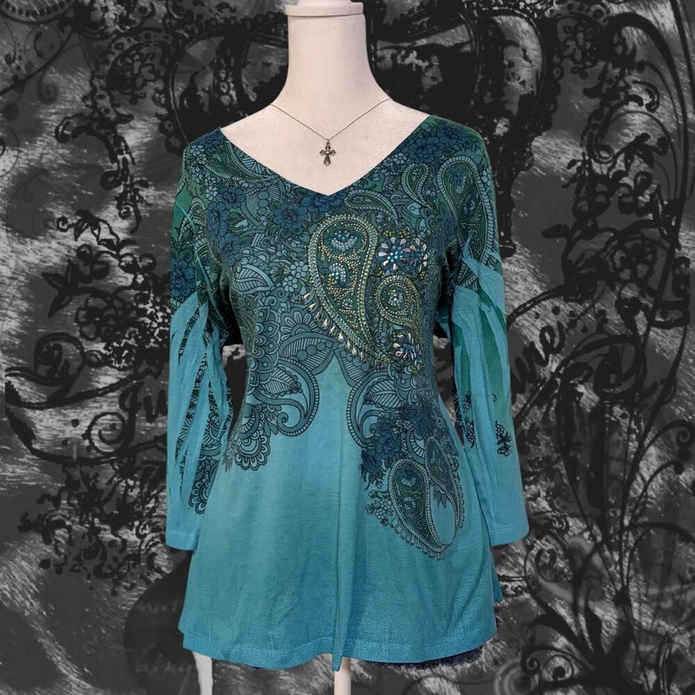 teal blue studded embellished intricate black paisley top